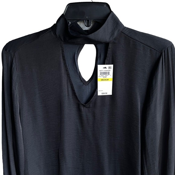 Thalia Sodi Choker Top Black Woven Long Sleeves Blouse Size M NWT Keyhole Button - Picture 2 of 9